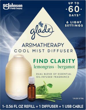 Glade Aromatherapy Diffuser & Essential Oil, Air Freshener for Home, Find Clarity Scent with Notes of Bergamot & Lemongrass, 0.56 Fl Oz
