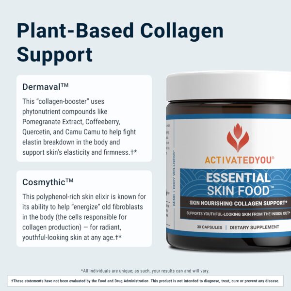 ACTIVATEDYOU Essential Skin Food, Advanced Skincare Collagen Elastin Support Supplement for Aging Skin, Helps Improve Appearance of Face Texture, Sagging w/Dermaval, Vitamin C, Lysine (30 Capsules)
