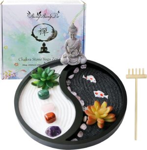 Buddha Meditation Zen Garden Kit - Home Office Tabletop Taiji Yin Yang Sand Garden Altar Zen Decor Zen Gifts DIY Mini Chakra Crystal Quartz Rock Garden w/Nature Healing Stone Rake Tool