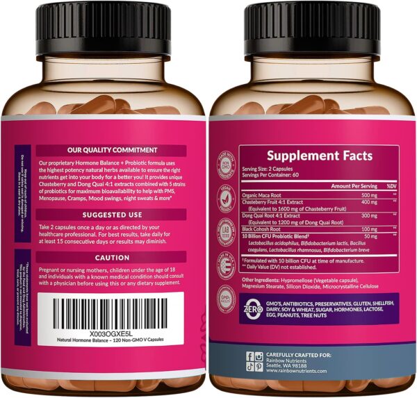 Hormone Balance + Probiotics for Women (3450mg) Natural Menopause Relief, Weight Management, Bloating, Hot Flashes, PMS | Organic Maca, Chasteberry, Dong Quai & Black Cohosh | Non GMO |120 V Capsules