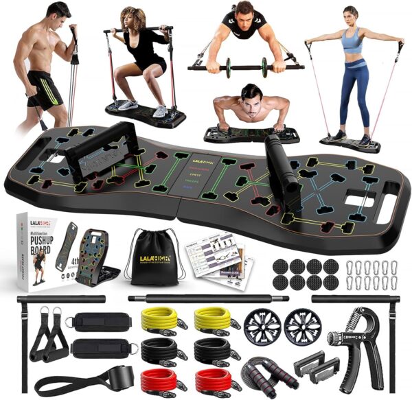 81eyIvhpjPL._AC_SL1500_.jpg LALAHIGH Portable Home Gym System: Large Compact Push Up Board, Pilates Bar & 20 Fitness Accessories with Resistance Bands Ab Roller Wheel - Full Body Workout for Men and Women, Gift for Boyfriend