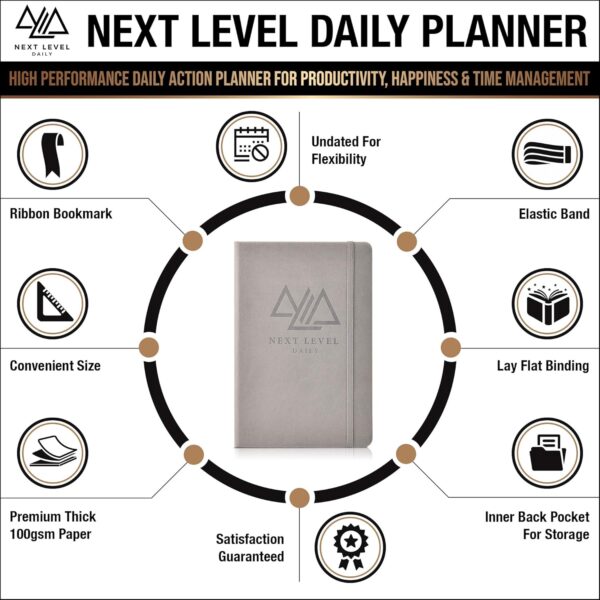 Planner | 90 Day High Performance Daily Action Planner for Productivity, Happiness, Time Management | Habit Tracker, Gratitude Journal – Undated, Hardcover (Grey, 8. 25” x 5. 5”)