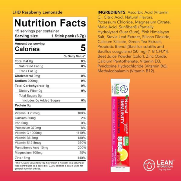 Natural Electrolyte Immune Formula - Boost Immunity and Stay Hydrated with Zero Sugar and No Artificial Flavors or Sweeteners 15 ct Packets (Raspberry Lemonade)