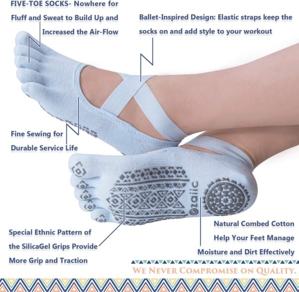 Ozaiic Yoga Socks for Women with Grips, Non-Slip Five Toe Socks for Pilates, Barre, Ballet, Fitness