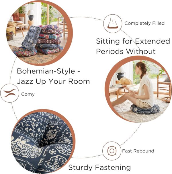 Codi Meditation Floor Pillow, Boho Pillows Seating for Adults and Kids, Large Cushion for Yoga Living Room Tatami Sitting, Memory Foam Added, 22x22 Inch Pack of 2, Round - Indigo Elephant
