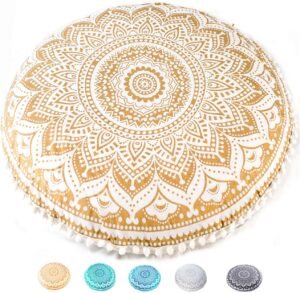 Mandala Life ART Bohemian Yoga Décor Floor Cushion Cover - Insert NOT Included - Round Mediation Pillow Case - Hand Printed Organic Cotton Pouf