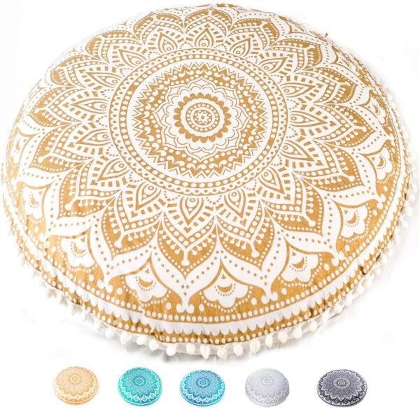 Mandala Life ART Bohemian Yoga Décor Floor Cushion Cover - Insert NOT Included - Round Mediation Pillow Case - Hand Printed Organic Cotton Pouf