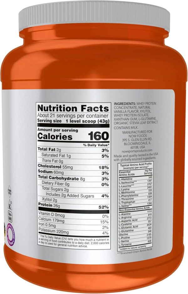 NOW Foods Sports Nutrition, Whey Protein, 26 g With BCAAs, Creamy Vanilla Powder, 2-Pound