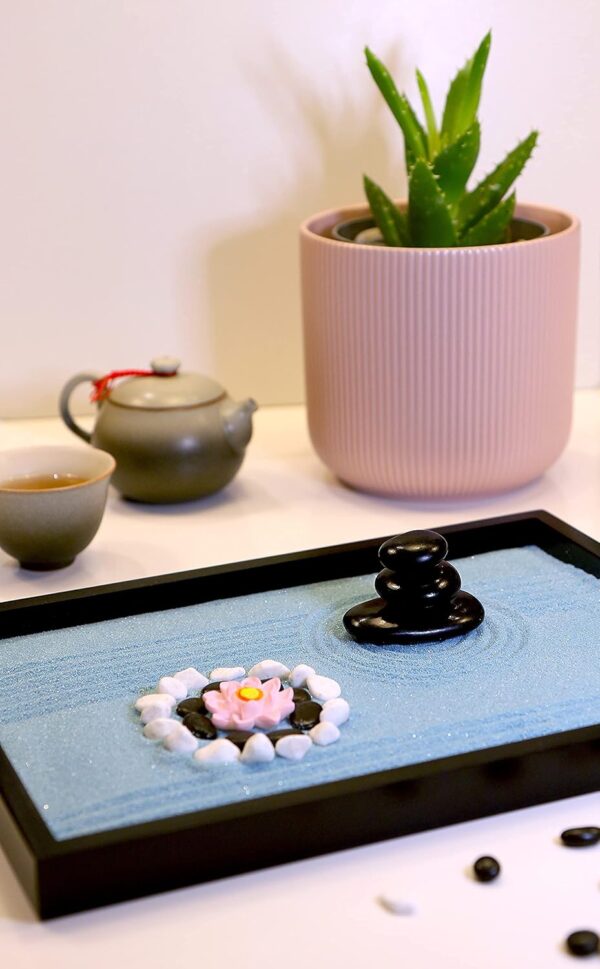 Oasis of Calm Zen Garden Kit. 11x8 Inch Beautiful Premium Japanese Decor Mini Meditation Gifts Set. Home, Office Desk Accessories. Zen Decor Sand Garden. Aqua Blue Sand, 6 Tools, 6 Features incl rocks