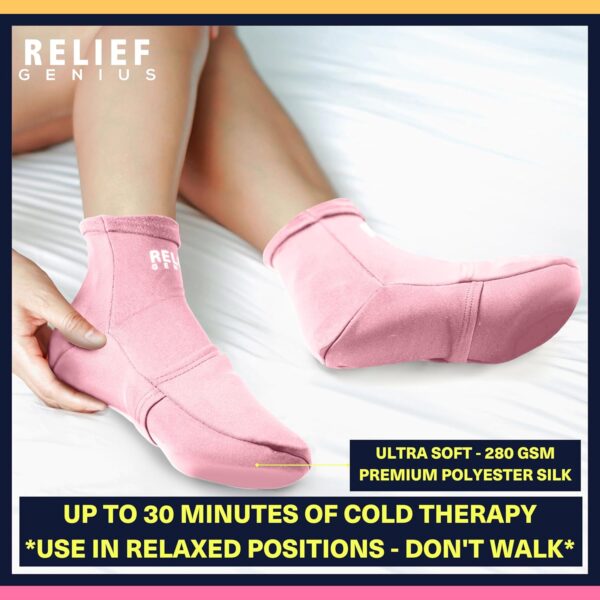Relief Genius Cold Therapy Socks with Reusable Gel ice Packs - Achieve Relief from Sprains, Muscle Pain, Bruises, Swelling, Edema, Chemotherapy, Arthritis, Post Partum Foot (Pink, Small/Medium)