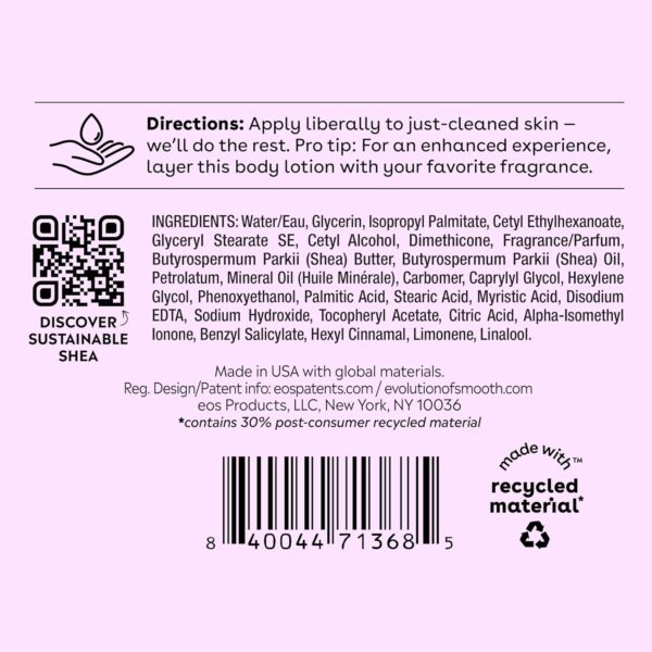 eos Shea Better Body Lotion- Fresh & Cozy, 24-Hour Moisture Skin Care, Lightweight & Non-Greasy, Made with Natural Shea, Vegan, 16 Fl Oz (Pack of 1)