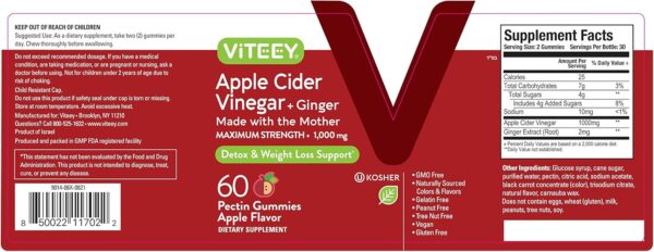 Apple Cider Vinegar Gummies 1,000mg Plus Ginger, ACV with The Mother, Detox Cleanse for Weight Loss and Immune Support, Vegan, Gluten Free, Gelatin Free, GMO Free - Chewable Apple Flavored Gummy