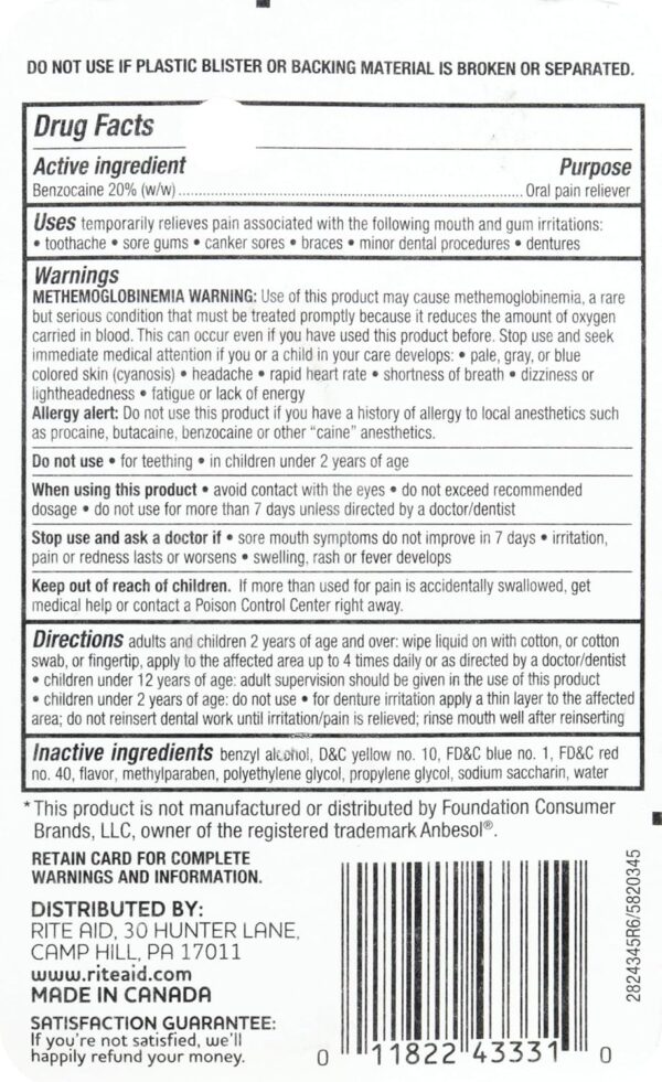 Rite Aid Maximum Strength Liquid Anesthetic Oral Pain Relief - .5 fl oz, Benzocaine 20% | Pain Relief Medications & Treatments | Canker Sore and Tooth Pain Relief for Adults | Mouth Sores Treatment