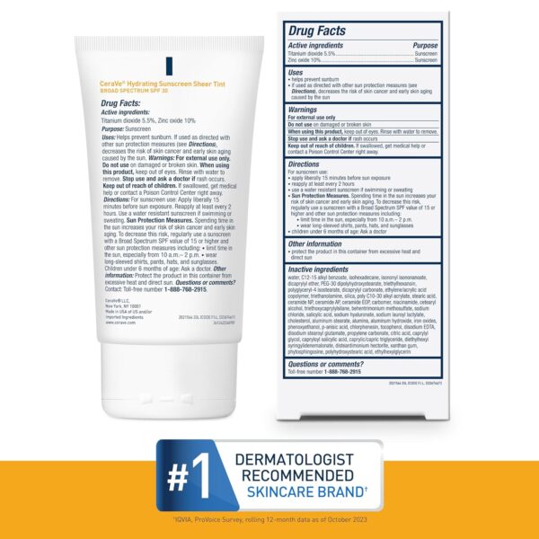CeraVe Hydrating Mineral Sunscreen SPF 30 with Sheer Tint, Tinted Mineral Sunscreen with Zinc Oxide & Titanium Dioxide, Blends Seamlessly For Healthy Glow, Medium, 1.7 Fluid Ounce