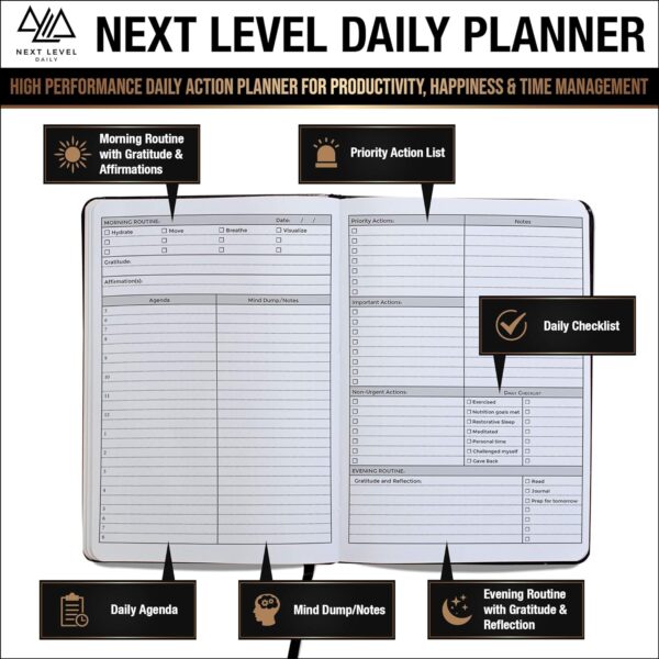 Planner | 90 Day High Performance Daily Action Planner for Productivity, Happiness, Time Management | Habit Tracker, Gratitude Journal – Undated, Hardcover (Grey, 8. 25” x 5. 5”)