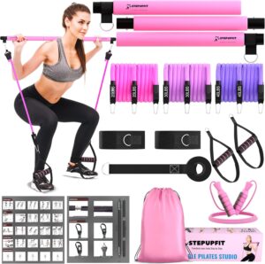 Multipurpose 3-Section Yoga Pilates Bar Set with Resistance Bands and Jump Rope | Travel-Friendly Home Gym Equipment for Men and Women of All Heights | Complete Body Fitness Workout Set