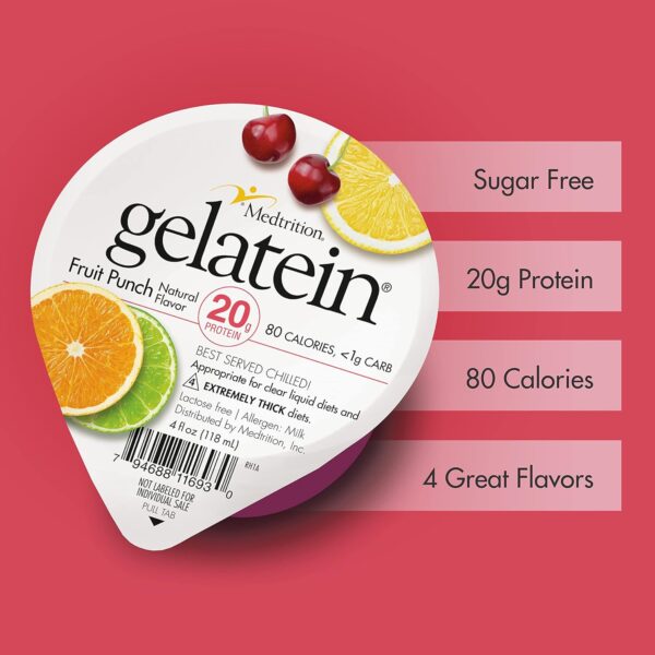Gelatein Fruit Punch: 20 grams of protein. Sugar free. Ideal for clear liquid diets, swallowing difficulties, bariatric, dialysis and oncology. Great pre or post-workout snack. (12 pack)…