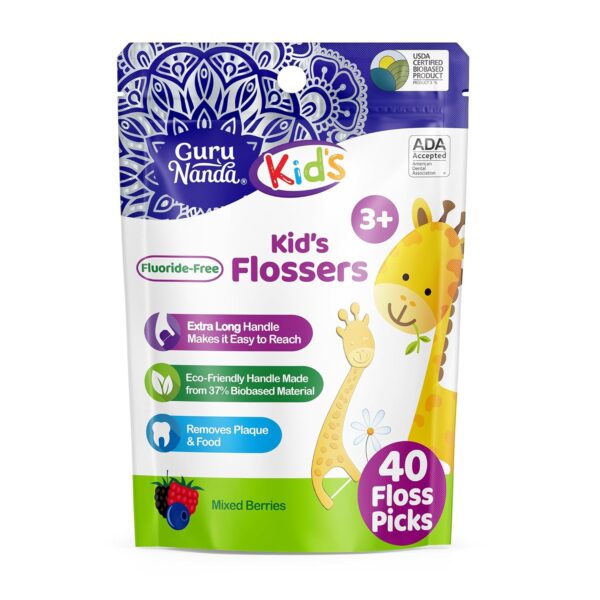 GuruNanda Dental Floss Picks for Kids, Extra-Long Giraffe-Shaped Picks, Fluoride-Free, Anti-Slip & Shred-Resistant Design & Eco-Friendly Handle & Berry Flavor, Ideal for Ages 3+, 40 Count (Pack of 1)