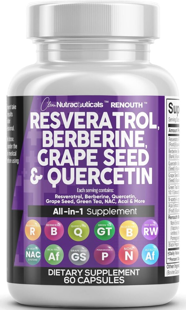 Clean Nutraceuticals Resveratrol Berberine Grape Seed Extract Quercetin Green Tea Extract Polyphenol Supplement for Women & Men w/N-Acetyl Cysteine, Acai Extract - 1Pack