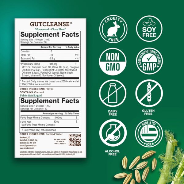GuruNanda Gutcleanse 2-Step Kit - Dietary Supplement to Help with Digestion - Blend of Fulvic Acid, Wormwood, Clove & Neem Extract, 2x1 FlOz