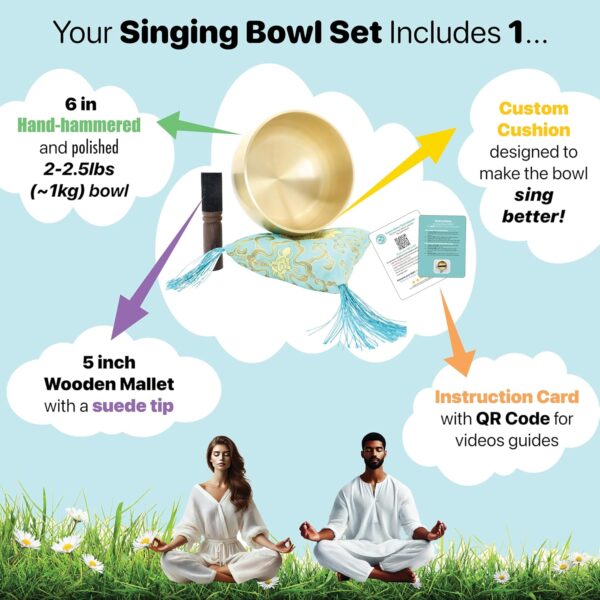 Tibetan Singing Bowl Set, Golden Master Bell Metal Grade, 6 Inches Pure Tone, Very Easy to Sing for Meditation Sound Chakra Yoga Healing, The Be Quiet Bowl by Circle Up (Mallet & Cushion Included)