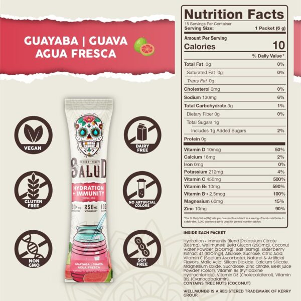 Salud 2-in-1 Hydration Packets + Immunity Electrolytes Powder, Guava - Guayaba Agua Fresca Drink Mix, Elderberry, Dairy & Soy Free, Non-GMO, Gluten Free, Vegan, Low Calorie, 1g Sugar (15 Servings)
