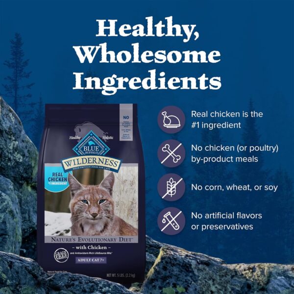 Blue Buffalo Wilderness Natural Mature Dry Cat Food for Cats 7+ Years, High-Protein and Grain-Free Diet, Supports Immune System Health and Energy to Stay Active, Chicken, 5-lb. Bag