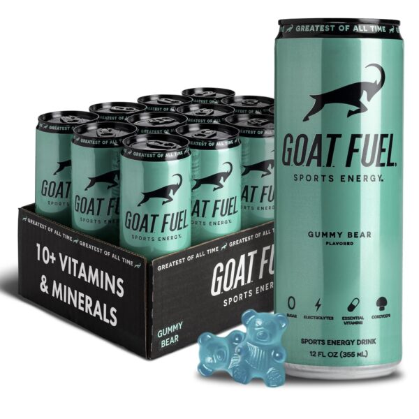 81hYfNUXB0L._SL1500_.jpg G.O.A.T. Fuel Energy Drink With Natural Caffeine, Electrolytes, BCAAs, Cordyceps Mushrooms & Antioxidants, Lightly Carbonated Pre Workout & Sports Energy Drink, 12 Pack, 12 FL Oz Cans, Gummy Bear