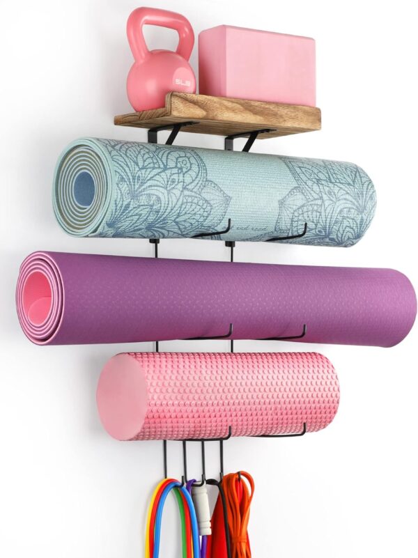 VINAEMO Yoga Mat Holder Accessories Wall Mount Organizer Storage Decor Foam Roller and Towel Storage Rack with 4 Hooks and Wooden Shelves Yoga Mats Rack Resistance Bands for Home Gym School Office
