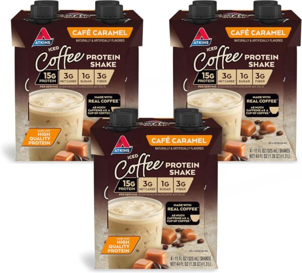 Atkins Café Caramel Iced Coffee Protein Shake, 15g Protein, Low Glycemic, 3g Net Carb, 1g Sugar, Keto Friendly, 12 Count