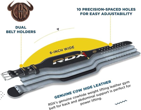 RDX Weight Lifting Belt Gym Exercise Workout, 6 inch Leather Padded Lumbar Back Support Men Women, 10 Adjustable Holes, Powerlifting Bodybuilding Deadlift, Squat Fitness Strength Training Equipment