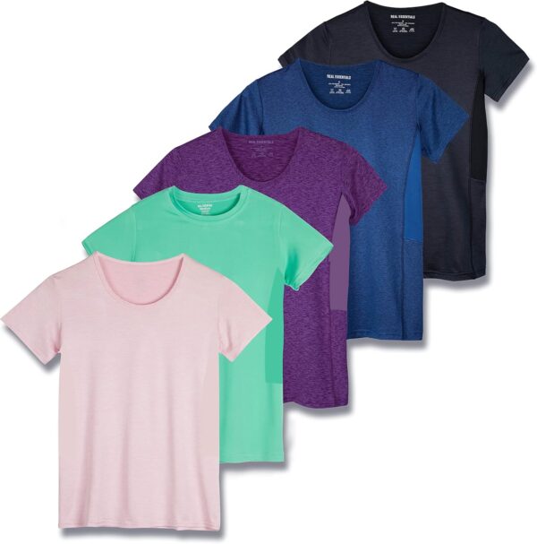 Real Essentials 5 Pack: Women's Dry Fit Tech Stretch Short-Sleeve Crew Neck Athletic T-Shirt (Available in Plus Size)