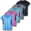Real Essentials 5 Pack: Women's Short Sleeve V-Neck Activewear T-Shirt Dry-Fit Wicking Yoga Top (Available in Plus)