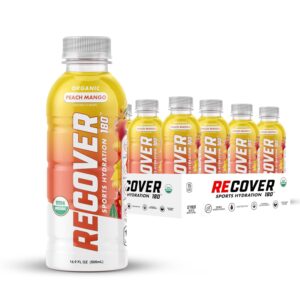 RECOVER 180 Organic Sports Hydration Drink, No Sugar Added, 15 Calorie Sports Beverage, Organic Flavors With Vitamins, Potassium-Packed Electrolytes (16.9 Fl Oz (Pack of 12), Peach Mango)
