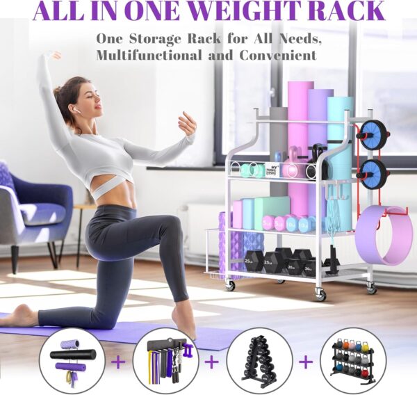 Mythinglogic Yoga Mat Storage Racks,Home Gym Storage Rack for Dumbbells Kettlebells Foam Roller, Yoga Strap and Resistance Bands, Workout Equipment Storage Organizer With Hooks and Wheels