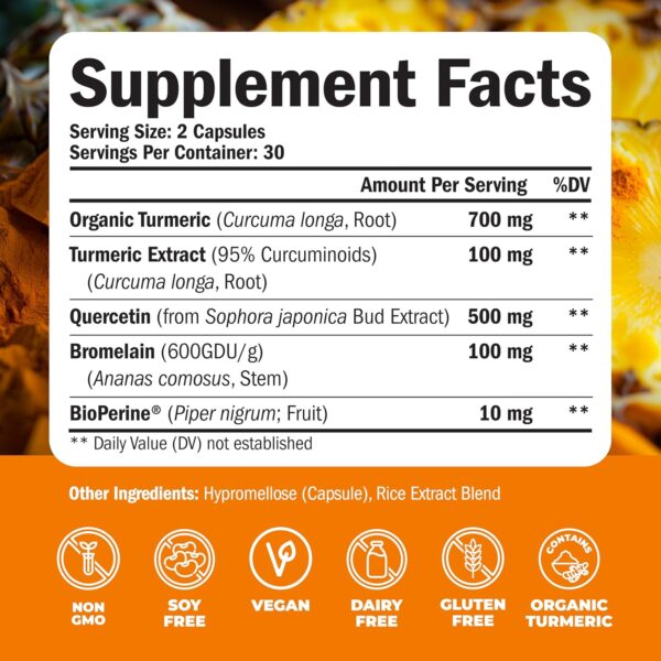 Quercetin with Bromelain Turmeric Supplement - Quercetin 500mg Capsules + Curcumin with Black Pepper - Joint Supplements for Women & Men. Bromelain Turmeric Curcumin Supplement. 60 Tumeric Capsules