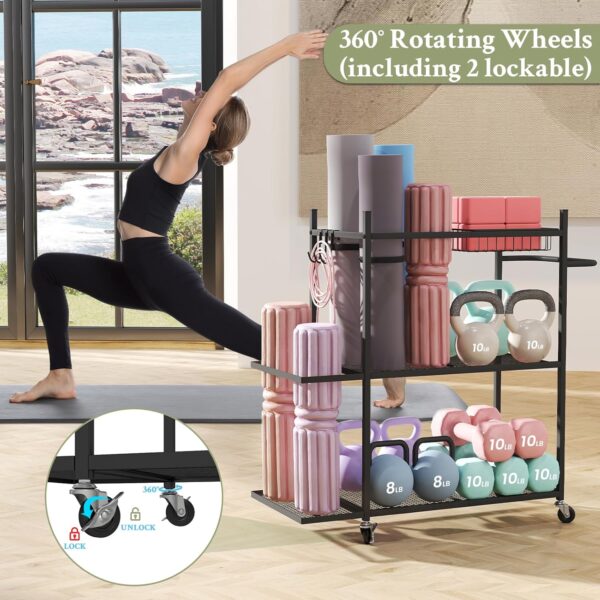Hadulcet Yoga Mat Storage Rack, Stable Home Gym Storage for Dumbbells, Kettlebell, Workout Equipment Storage Organizer with Removable Hooks, Yoga Mat Holder for Easy to Move