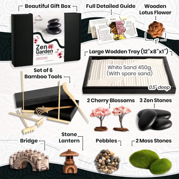 Zen Garden Kit for Desk 12x8in Sand Tray, Japanese Gift Set 14 Accessories and 6 Tools, Meditation Mini Zen Garden for Desk, Zen Sand Garden, Home Office Desk Decorations, Sand Therapy Kit, Rock Decor