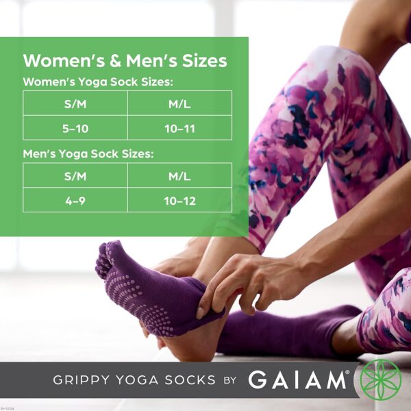 Gaiam Grippy Yoga Socks for Women & Men – Full Toe Non Slip Sticky Grip Accessories for Yoga, Barre, Pilates, Dance, Ballet