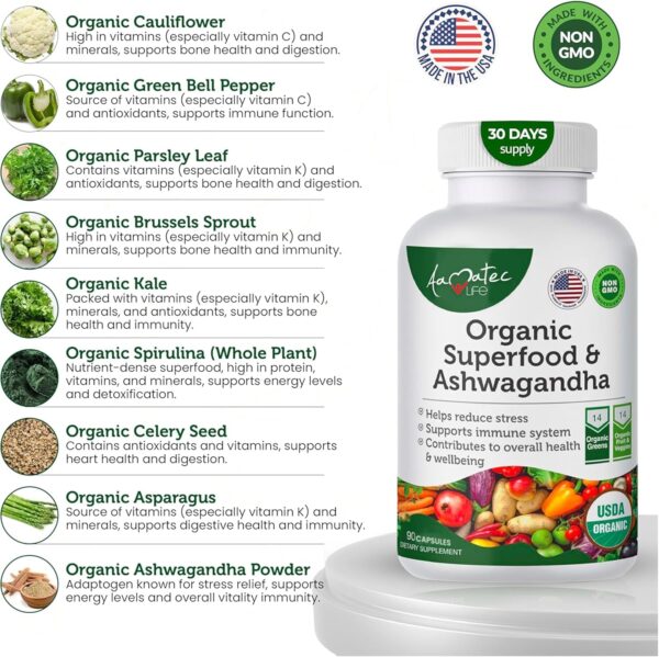 Organic Superfood Greens Fruits and Veggies Complex with Ashwagandha - 2 in 1 Supplement with 14 Greens Fruits & Vegetables with Ashwagandha Rich in Antioxidants - Non-GMO 90 Capsules