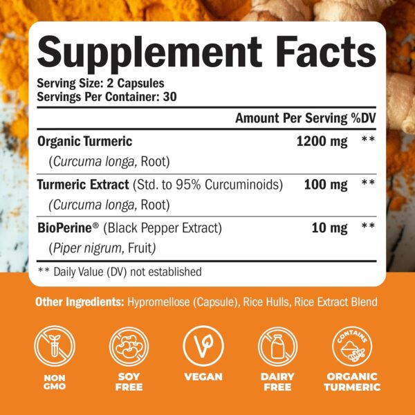Turmeric Supplement - High Potency Turmeric Curcumin Supplement with 1200 mg Organic Tumeric and 95% Curcuminoids. Curcumin Supplements with Black Pepper for Immune & Joint Health. 60 Curcuma Capsules