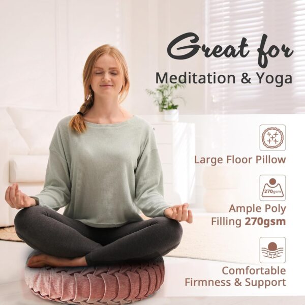 Intelligent Design Loretta Chenille Round Floor Pillow Meditation Cushion, Soft Color & Natural Luster Button Tufted with Elegant Pleated Details, Dia 22"x6"H, Blush