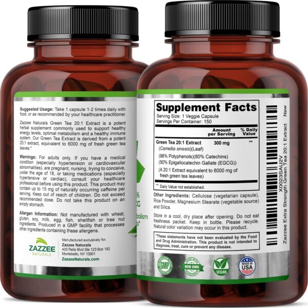 Zazzee Extra Strength Green Tea 20:1 Extract, 6000 mg Strength, 50% EGCG, 98% Polyphenols and 80% Catcehins, 150 Vegan Capsules, 5 Month Supply, Standardized and Concentrated 20X Potency, Non-GMO