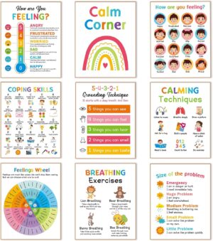 9 Calming Corner Posters, Feelings Chart for Kids, Calm Down Corner Mental Health Posters, Preschool Classroom Educational Poster Emotions Chart Coping Skills, Wall Art Decoration Mood Calming Sticker