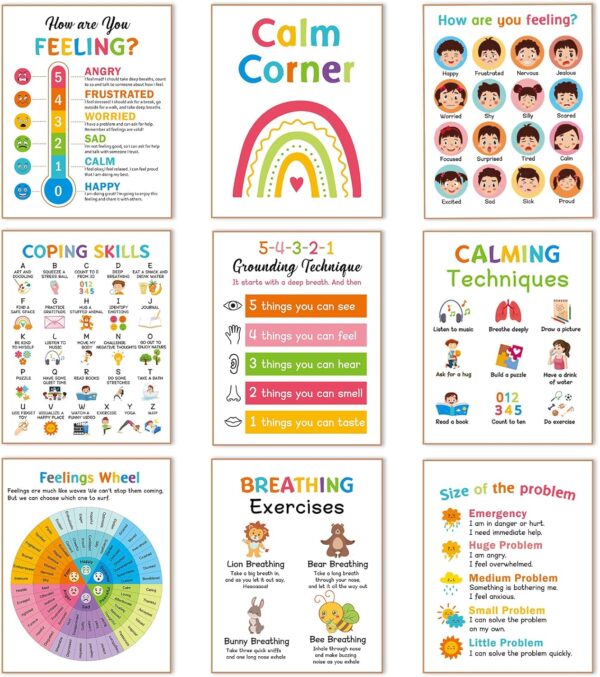 9 Calming Corner Posters, Feelings Chart for Kids, Calm Down Corner Mental Health Posters, Preschool Classroom Educational Poster Emotions Chart Coping Skills, Wall Art Decoration Mood Calming Sticker