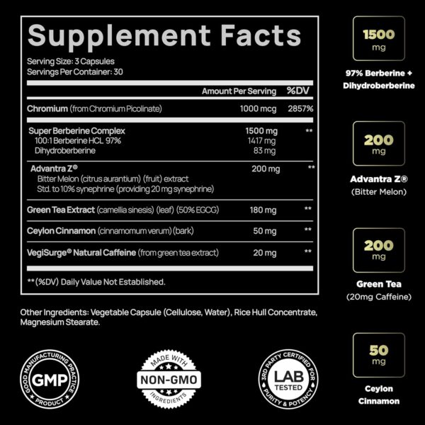141,500mg Berberine GLP-1 Weight Loss Supplement + Dihydroberberine, Ceylon Cinnamon, Chromium Picolinate 1000mcg, Bitter Melon - 100x Strength Berberine 1500mg Appetite Suppressant Pills for Women