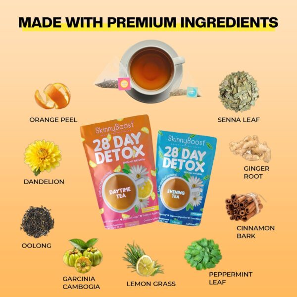 SkinnyBoost 28 Day Detox Tea Kit-1 Daytime (28 Bags) 1 Evening (14 Bags) Non GMO, Vegan, All Natural Teas, Made with Green Tea and Herbal Teas for Natural Detox and Cleanse, Reduce Bloating
