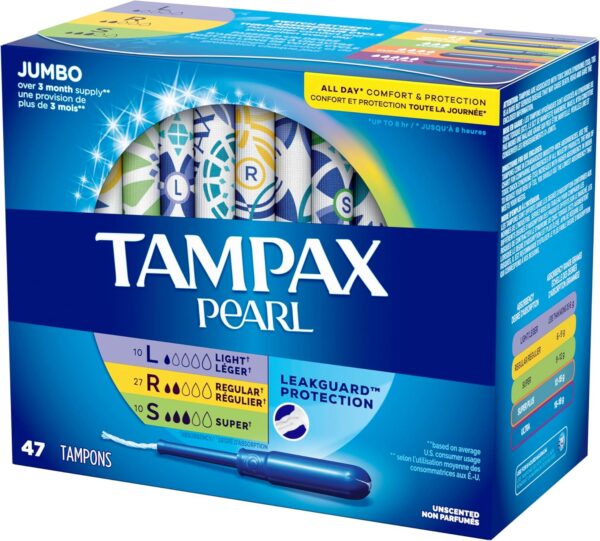 Tampax Pearl Tampons Multipack, Light/Regular/Super Absorbency, With Leakguard Braid, Unscented, 47 Count
