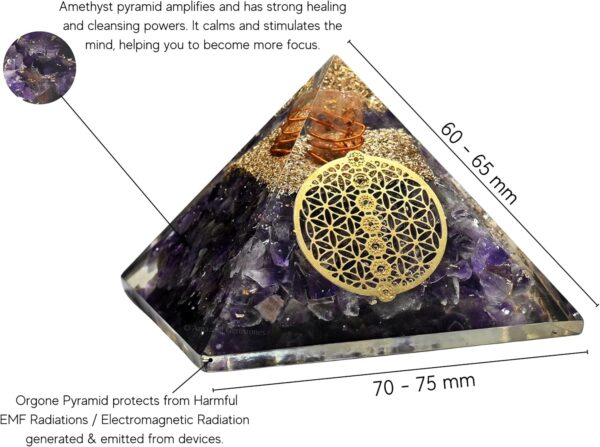 Large Orgone Pyramid | Amethyst Pyramid Crystal | Chakra Flower of Life Orgonite Pyramid | Organ Pyramids Positive Energy Healing