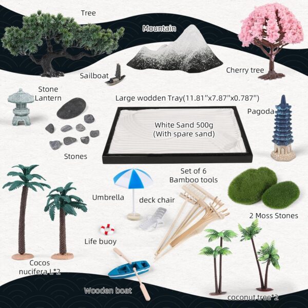 Zen Garden Kit 11x8 with White Sand Japanese Mini Beach Zen Sand Artificial Bonsai Tree Rocks Rakes and Accessories for Prayer,Home,Office Desk Zen Sand Garden,Sand Tray Meditation Room